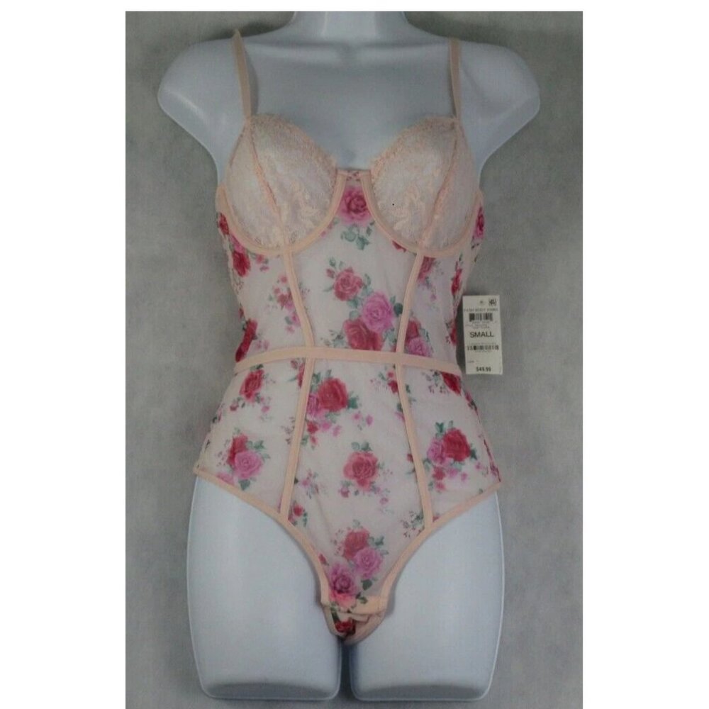 INC International Concepts Women's Floral Mesh Bodysuit, Pink Roses, Small